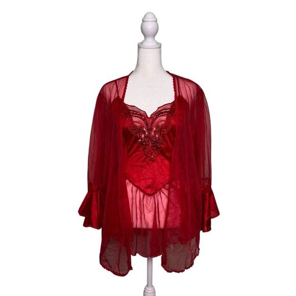 Vintage Butterfly Coquette Sheer Two Piece Lingerie Set Red Women’s Size Large - Picture 1 of 9